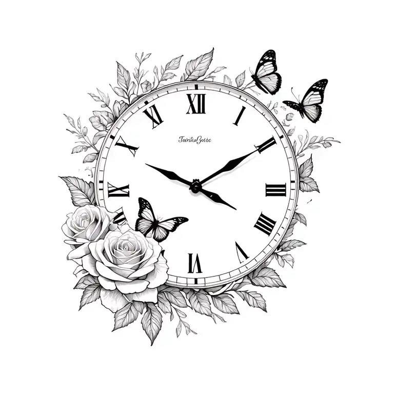 butterflies roses and a clock tattoo design idea