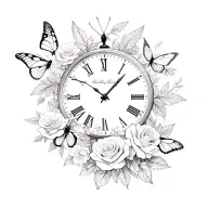 butterflies roses and a clock tattoo design idea