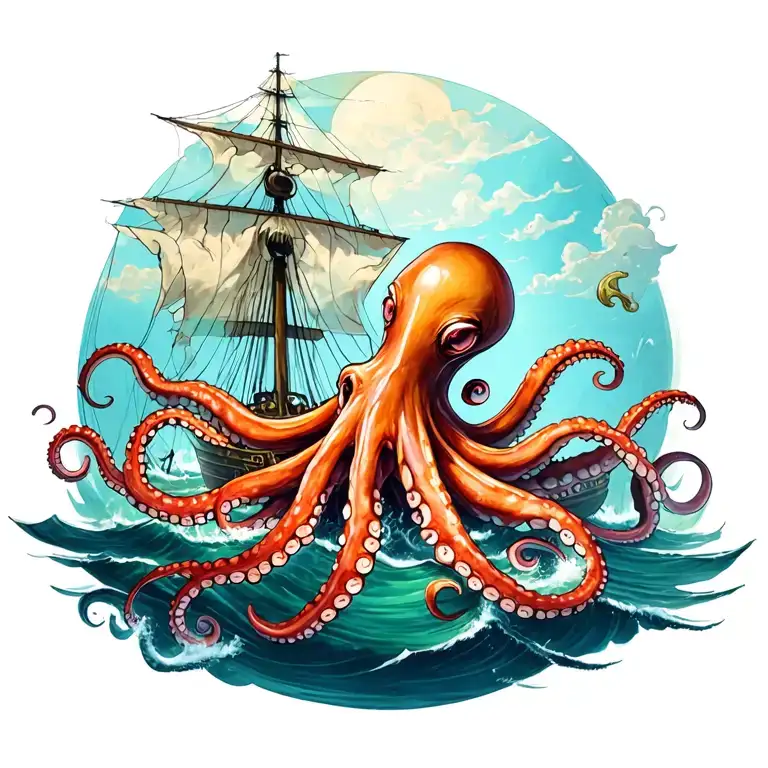 an octopus in a sunken ship sailing through a sea tattoo design idea