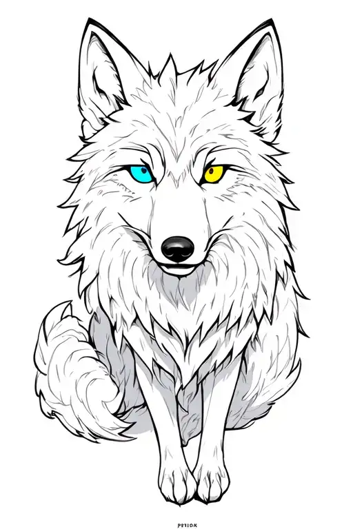Full body wolf similar to a fox of 3 very hairy tails with a light blue eye and the other yellow. tattoo design idea