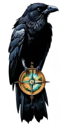 nature piece with a Crow, topographical map, compass, and forests and mountains tattoo design idea