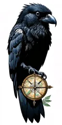 nature piece with a Crow, topographical map, compass, and forests and mountains tattoo design idea