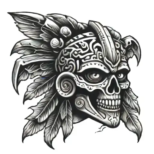 aztec death holding bleeding heart  tattoo design idea