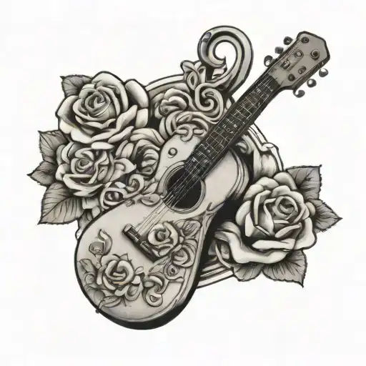 A tattoo of a wrench and a guitar crossed, with roses and clovers surrounding them, representing your dual passions for plumbing and country music tattoo design idea