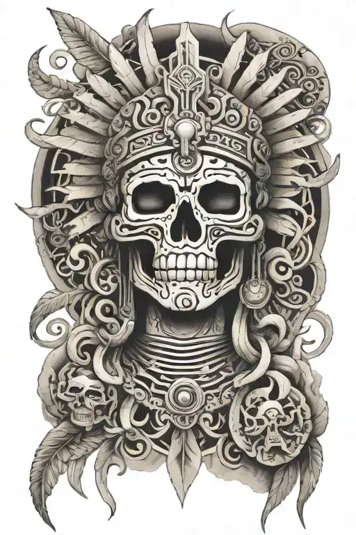 Aztec god of death among musical notes floating in tattoo design idea