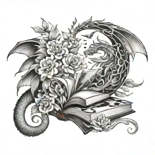 books, wyvern, floral, moons, fantasy themed tattoo tattoo design idea