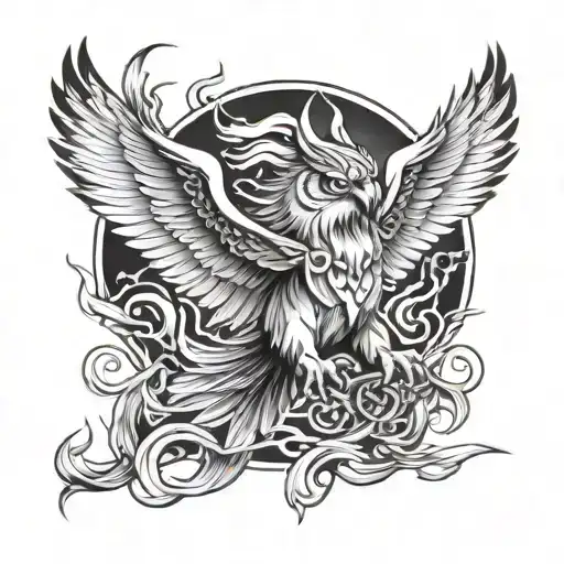 owl, dragon, wolf eagle fish native American warrior riding chains of flames around a mountain  tattoo design idea