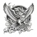 owl, dragon, wolf eagle fish native American warrior riding chains of flames around a mountain  tattoo design idea