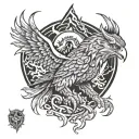owl, dragon, wolf eagle fish native American warrior riding chains of flames around a mountain  tattoo design idea