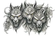 two Wolf and oni mask tattoo design idea