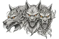 two Wolf and oni mask tattoo design idea