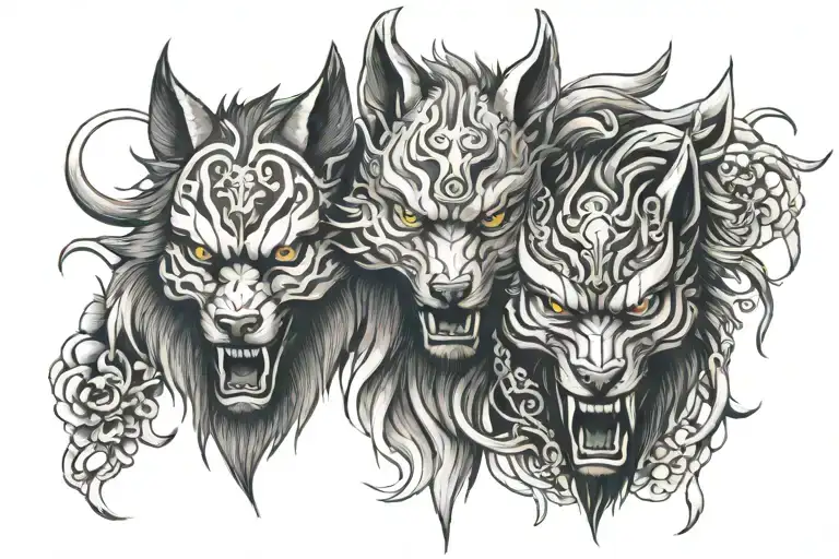 two Wolf and oni mask tattoo design idea