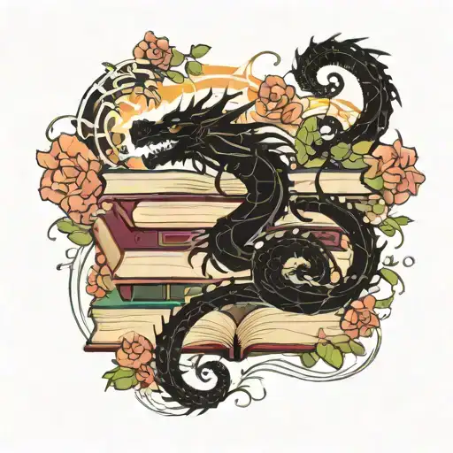black dragon curled around stack of open books with light swirling above and vines and flowers growing on bottom in dark tattoo design idea