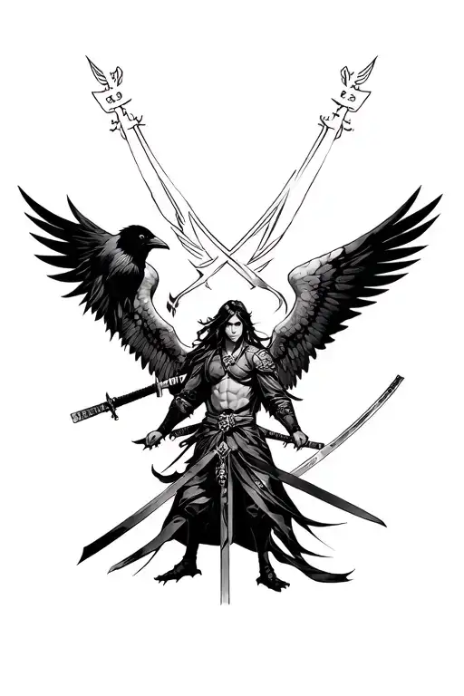 Dad archangel Michael and Katana and Raven t Japanese themes black tattoo design idea