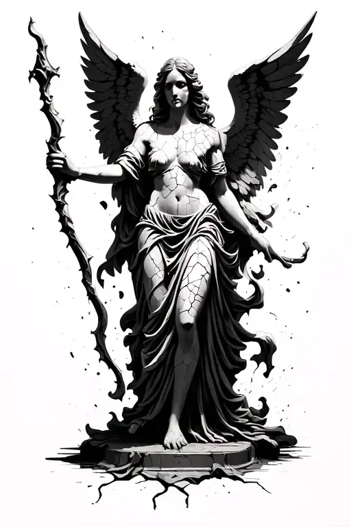 cracked fallen angel statue holding a staff intertwine with a shadow surrounded by 333 tattoo design idea