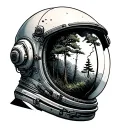 broken astronaut helmet with trees growing tattoo design idea