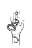 snake wrapping around hand and pointers finger with head on pointers finger  tattoo design idea