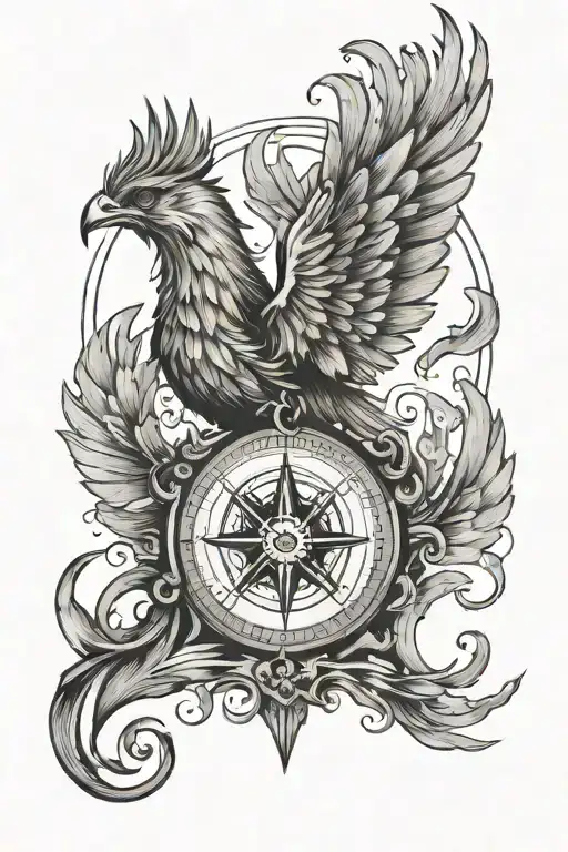 a Phoenix rising from a compass symbolizing new beginnings and direction in life tattoo design idea