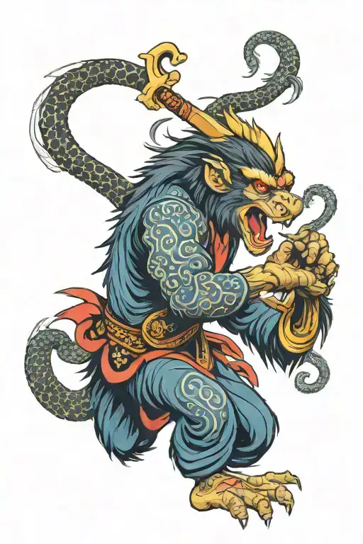 monkey warrior with a golden mace and braclets fighting lage femable hooded cobra red eyes sea serpent    tattoo design idea