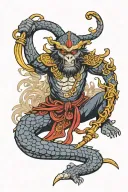 monkey warrior with a golden mace and braclets fighting lage femable hooded cobra red eyes sea serpent    tattoo design idea