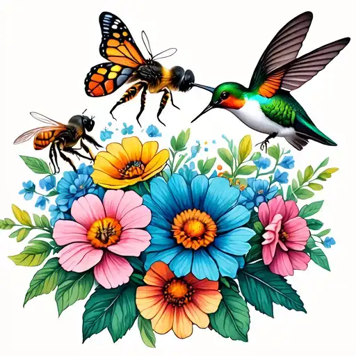 wild flowers, butterflies, bees, hummingbirds tattoo design idea