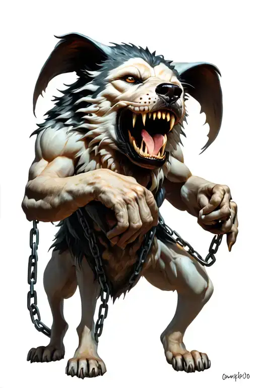 Cerberus with a chain in his teeth and on his hands tattoo design idea