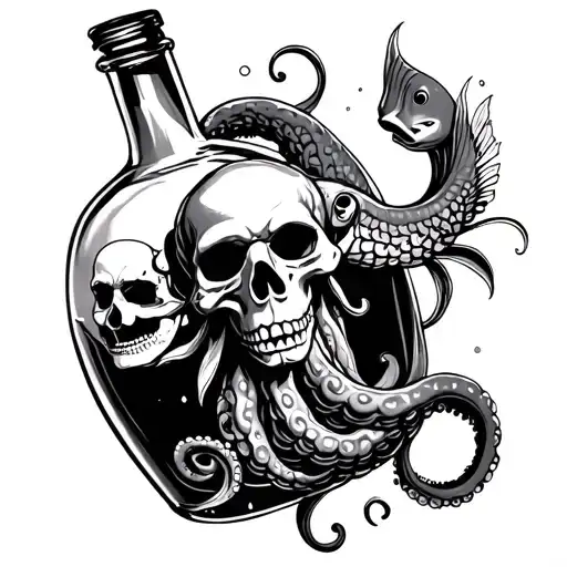 Octopus with a bottle, inside the bottle a koi fish, a demonic skull and the most popular masks of the opera tattoo design idea