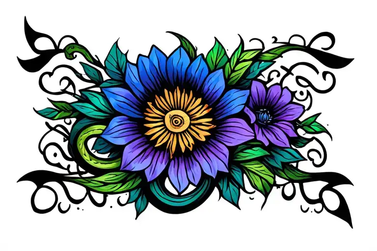 celtic g with flowers in deep blue purple and green with black infill and a snake in the g tattoo design idea