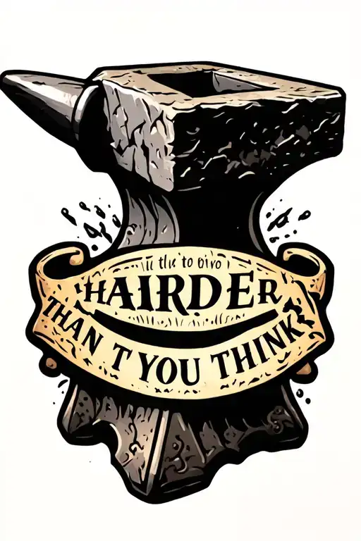 "Harder than you think" stone anvil with text surrounding tattoo design idea