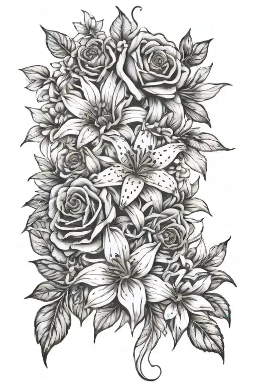 birth flower, line of daisies, lilies, and roses, intertwined, black and white fine line tattoo design idea