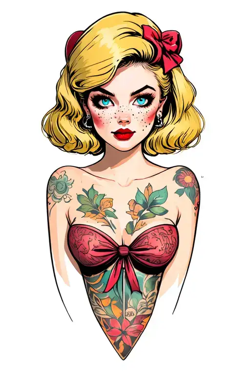 blonde rockabilly girl short hair. blue eyes, freckles, pale skin, pignose, thick cheeks, round head, medium cleavage.  tattoo design idea