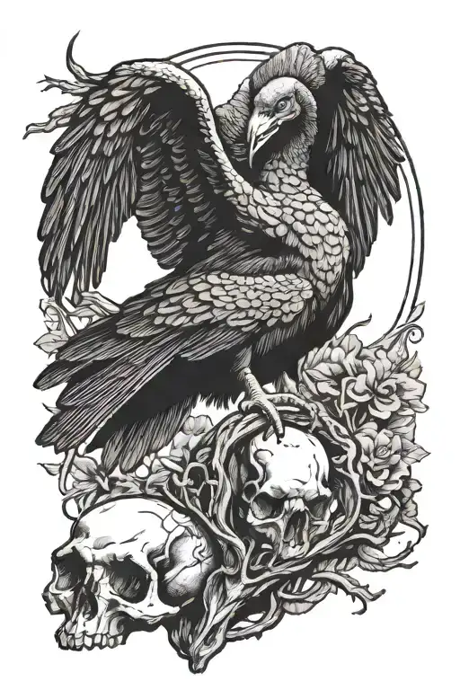 a turkey vulture perched on top of a bighorn sheep ram skull. the ram skull has a rattlesnake slithering through it.  tattoo design idea