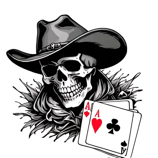 skull with cowboy hat holding cards. 10 of hearts, jack of diamonds, and 4 of clubs tattoo design idea