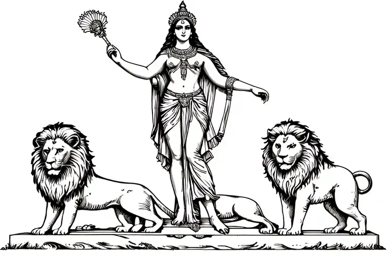 Goddess ishtar full body standing on two small lions who are lying under her clawed feet tattoo design idea
