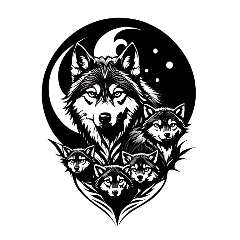 Tribal wolf with 4 cubs full moon tattoo design idea