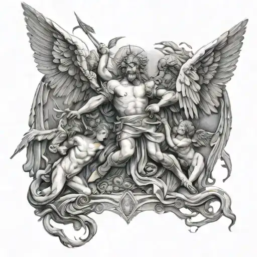 backpiece of angels above fighting demons below with archangel michael in the middle tattoo design idea