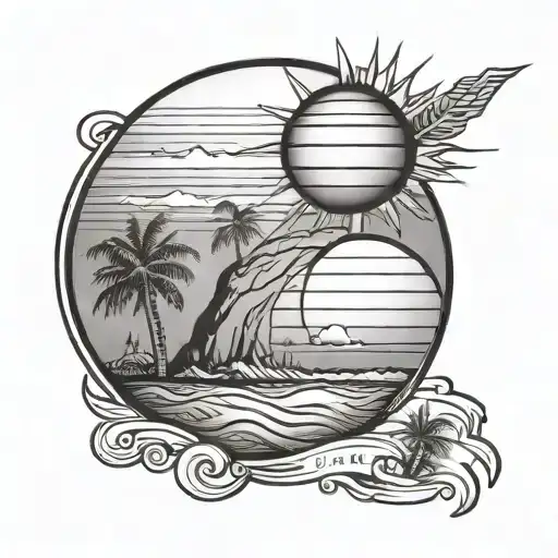 playing beach volleyball and california sun setting tattoo design idea