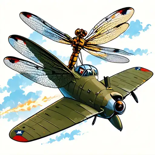dragonfly  bombadier gunner plane in sky shooting American traditional  tattoo design idea