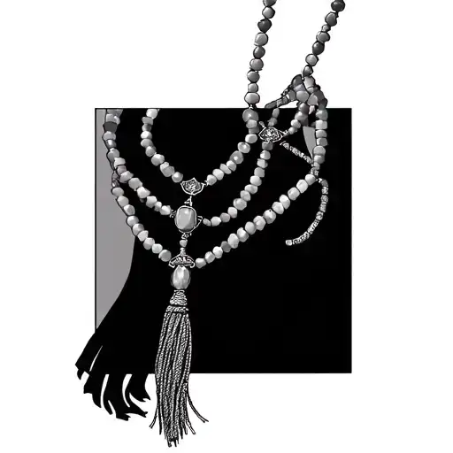 a 33 beaded necklace with an elongated end that has a tassle connected to it on a arm tattoo design idea