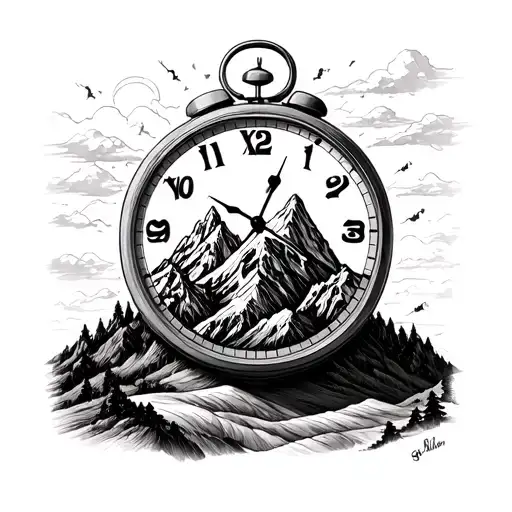 mountain happy surrealism time clock tattoo design idea