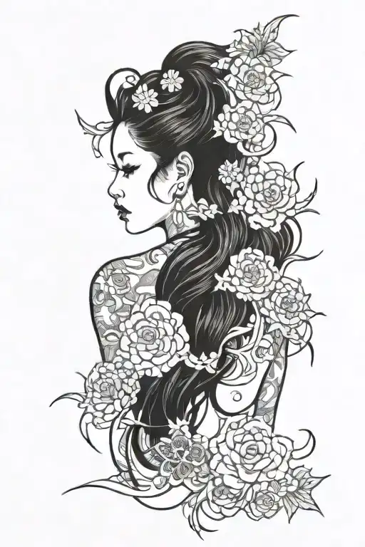 irezumi tattoo for the entire back with faces and a long-haired woman tattoo design idea