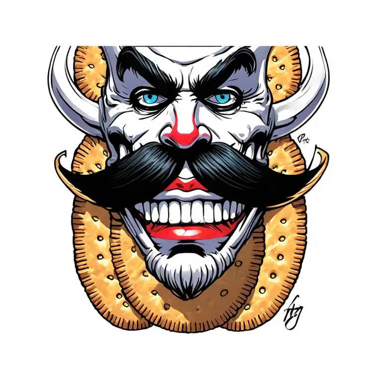 Ritz cracker cartoon villain mustache Pitate king tattoo design idea