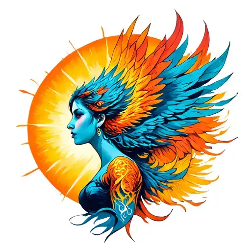 tattoo half Phoenix half woman powerful with sun in the background. abstract design tattoo design idea