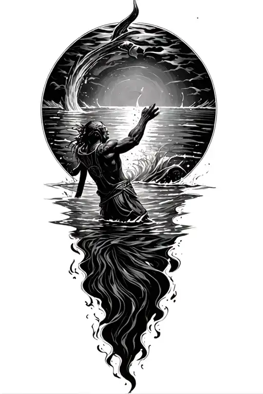 drowning warrior reaching for the surface of the water tattoo design idea