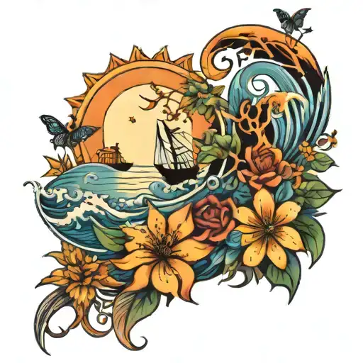 sun and moon and flowers and butterfly trees and waves and boat tattoo design idea