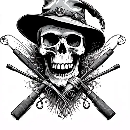 offshore mafia with a skull and fishing rods tattoo design idea