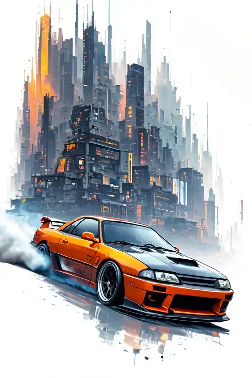 S14 Kouki drifting through a futuristic cyberpunk cityscape tattoo design idea