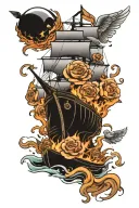 Black Pearl ship burning that has some roses and angels tattoo design idea