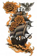 Black Pearl ship burning that has some roses and angels tattoo design idea