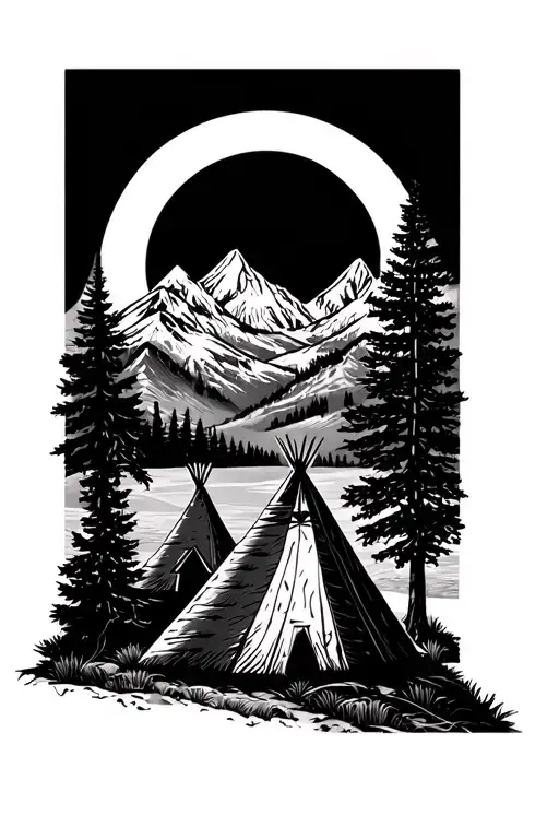 teepees sun mountain scene tattoo design idea